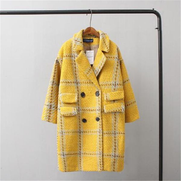 

winter woolen blend coat women 2018 new casual loose yellow plaid trench coat cashmere overcoat long lapel wool coats, Black