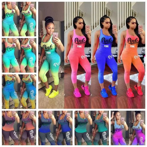 

10 Styles Pink Letter Outfit Sleeveless Vest Tights Pants Tracksuit Women Summer Gradient Color Jogging Suits 2pcs/set CCA9733 12set