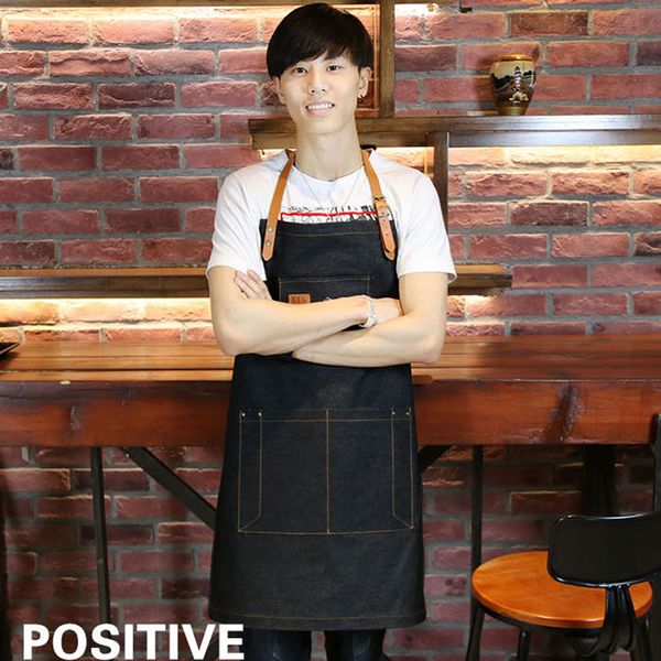 

new denim adjustable cowboy apron leather straps bbq senior cotton kitchen apron for women men cooking baking custom print logo