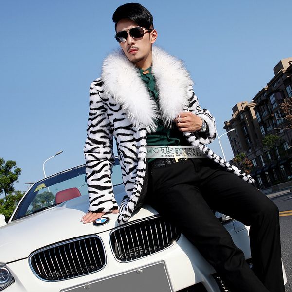 

wholesale- 2016 fashion men's leopard faux fur coat personality medium-long fur shawl collar overcoat male singer stage performance wea, Black