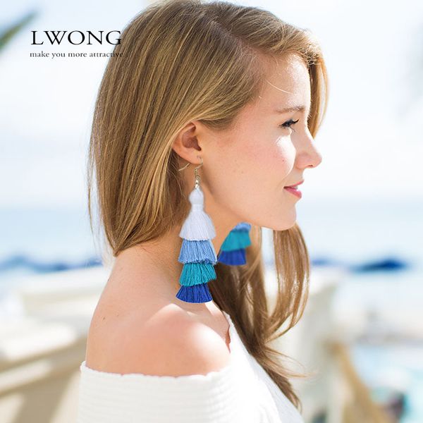 

lwong 2017 summer neon tiered long tassel earrings for women 4 layered fringe earrings ombre stacked tassels dangle, Silver