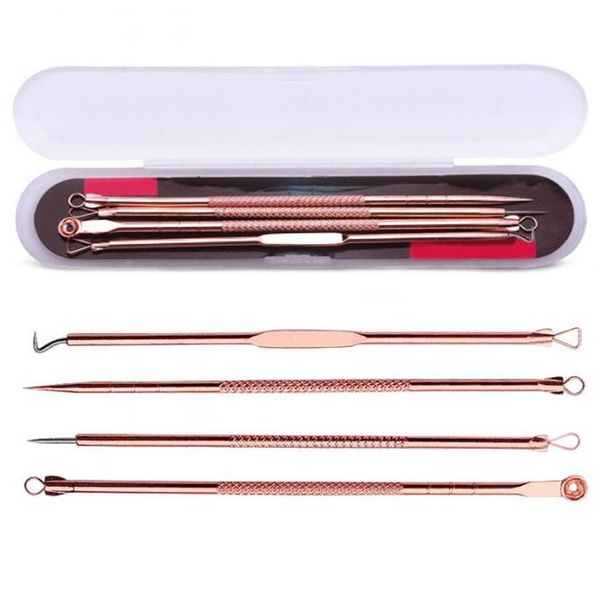 

4pcs/set rose gold stainless steel blemish whitehead blackhead come done acne removal extractor remover needles pimple kit makeup tools dhl