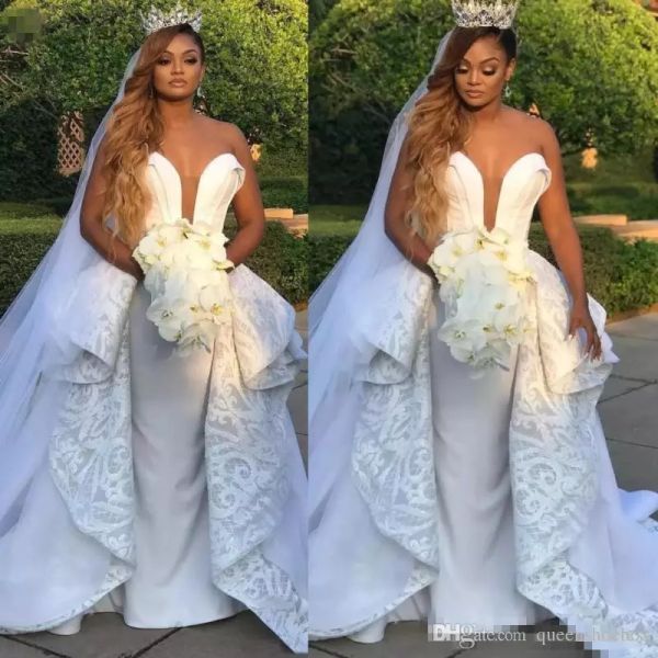 

white satin and lace wedding dresses with overskirts strapless bridal gowns south african sweep train wedding vestidos plus size