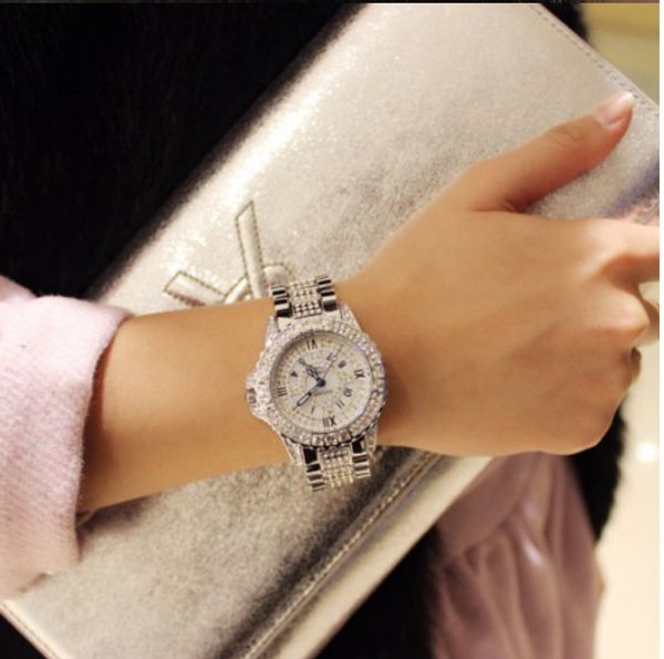 

new ladies watch rhinestones leather bracelet watch ladies fashion alloy simulation quartz rhinestone clock retro, Slivery;brown