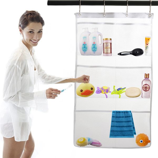 White Mesh Shower Organizer Shower Organizer Bathroom Accessories Quick Dry Hanging Bath Organizer with 6 Pockets Hang on Shower Curtain Rod // Liner Hooks