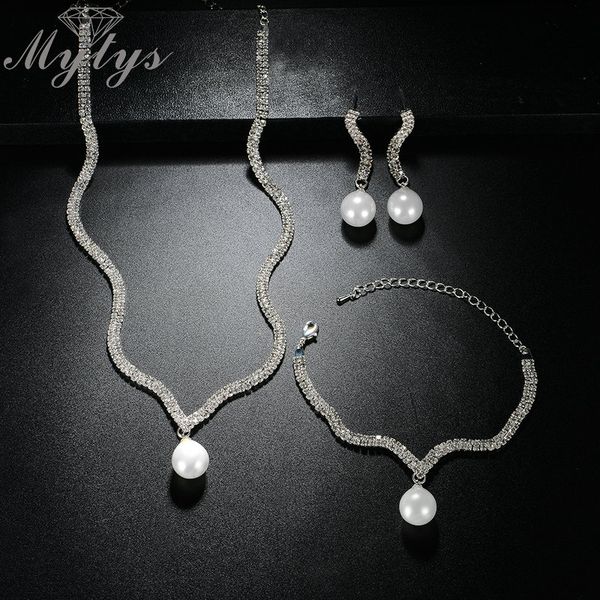 

mytys geometric tennis chain crystal drop pearl jewelry sets silver color for women wedding bridal ball party accessory cn327