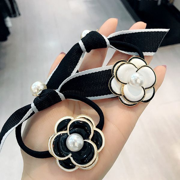 

korea black white camellia bow pearl elastic hair bands rubber band hair accessories for girls ribbon ties gum for