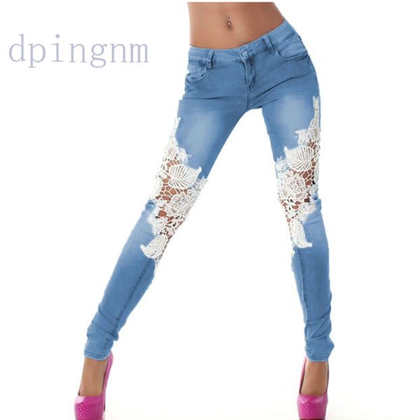 

2xl plus size lace spliced low-waist skinny jeans women streetwear fashion front back light color jeans long pencil pants, Blue