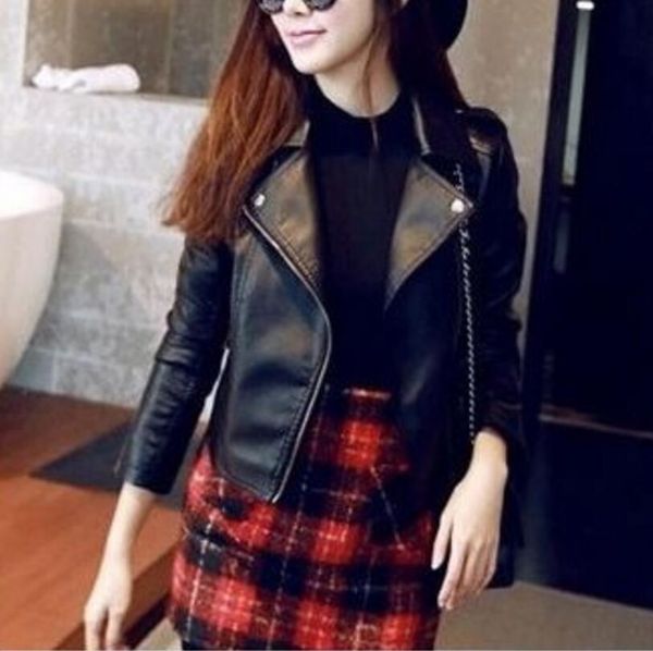 

2018autumn winter new style short leather dress slim pu small coat motorcycle leather jacket large size female, Black