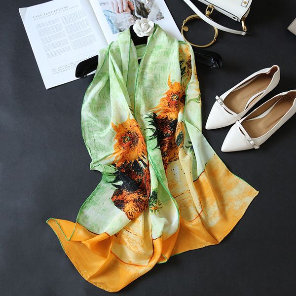 

new spring and summer scarf oil painting sunflower 100% silk scarf hand-rolled long beach sunscreen ms. shawl, Blue;gray