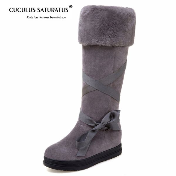 

cuculus 2018 fashion riband snow boots for women bootlace suede leather plush fur lined girls winter shoes waterproof 1596, Black
