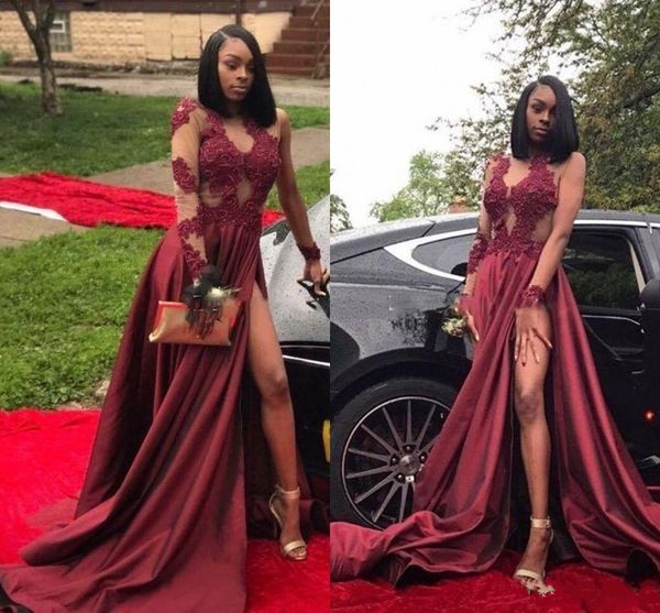 

2018 arabic new burgundy thigh-high slit long evening gowns long sleeves appliques high spliti prom cocktail party dresses custom made, Black;red