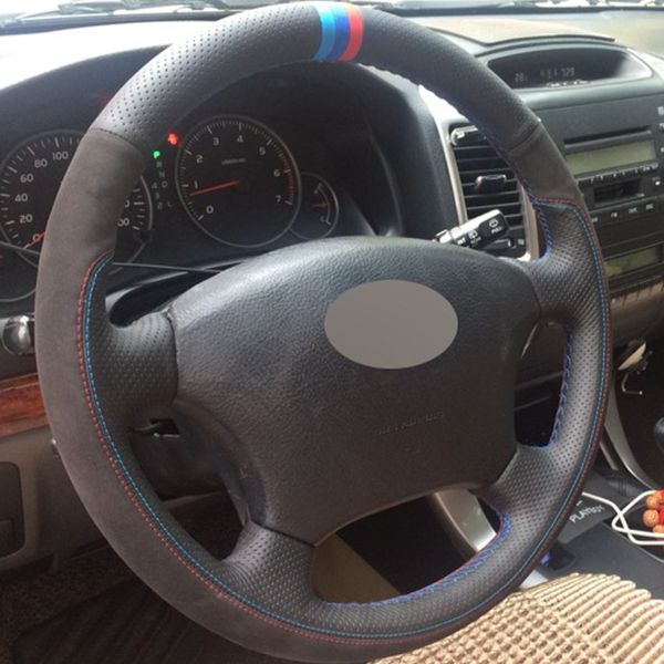 

diy hand-stitched black genuine leather suede car steering wheel cover for old toyota land cruiser prado 120