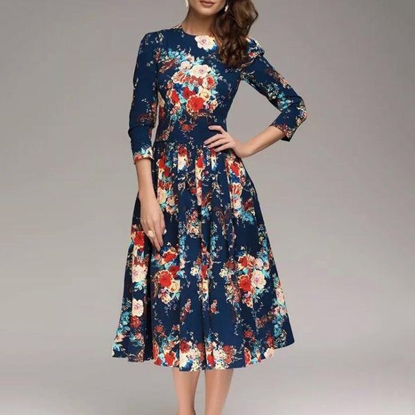 

new women autumn a-line dress 2018 casual print o neck vintage dress half sleeve big size party boho midi robe, White;black