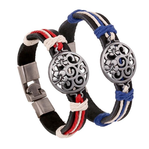 

charm leather rope woven bracelets & bangles for man woman round hollow out flower couple wristband jewelry boys girl gift, Golden;silver