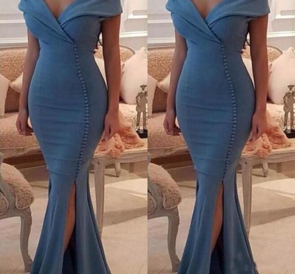 

2018 Dark Blue Mermiad Long Prom Dresses Sexy V-Neck With Button High Side Split Formal Evening Party Gowns Cheap New Robe De Soiree