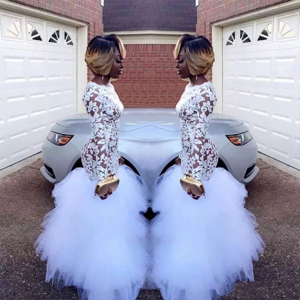 

2023 african white mermaid lace prom dresses for black girls long sleeves ruffles tulle floor length plus size evening gowns vestidos