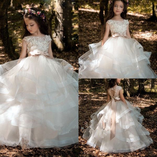 Çiçek Kız Elbise Düğün İçin Şeffaf Mücevher Boyun Dantel Aplike Big Bow Sweep Tren Tül Doğum Günü Çocuk Pageant Abiye