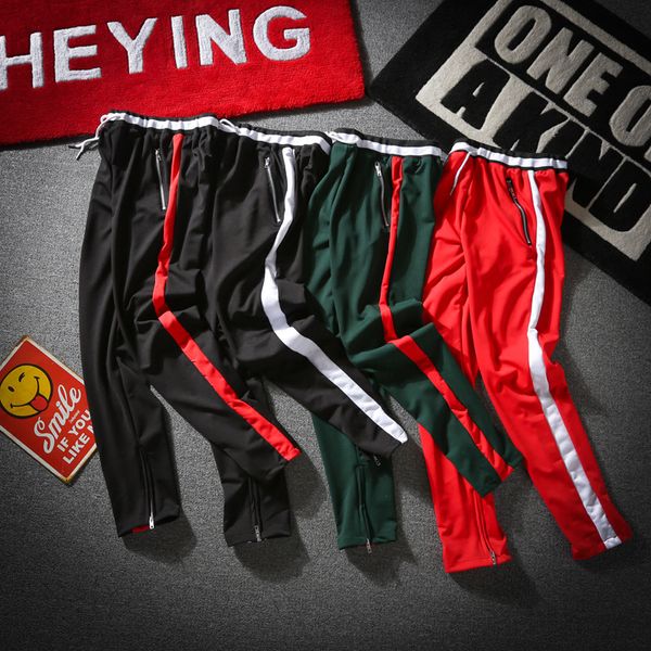 

mens casual jogger pants 2018 new sports long pencil pants stripes zipper design long trousers, Black
