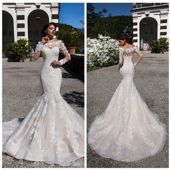 

custom 2018 mermaid lace wedding dresses sheer long sleeves 3d appliqued scoop neckline long train vintage bridal gowns vestidos de mariage, White