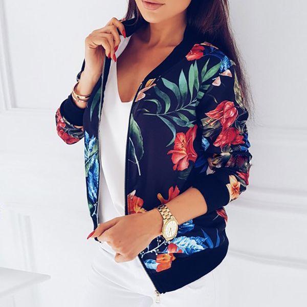 

new ladies ribbed trim flower print bomber jacket women autumn printing long sleeve casual zipper jacket outwear loose 27, Black;brown