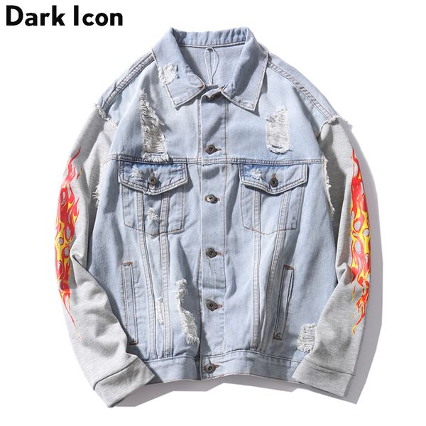 

flame sleeve patchwork turn-down collar denim men's jackets 2018 hip hop jeans jacket men women washing material ripped jackets, Black;brown