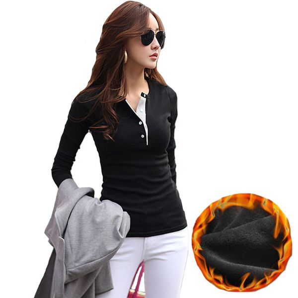 

women winter basic blusas 2017 autumn fleece thick t shirt fashion slim warm wonmes tees solid long sleeve t-shirts a731, White