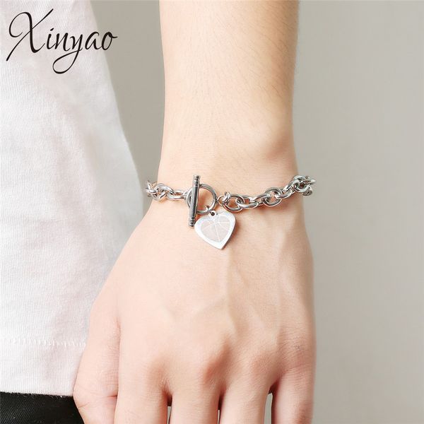 

xinyao stainless steel basketball heart charm bracelets bangles for women men 19.5cm long chain link bracelet with toggle gifts, Golden;silver