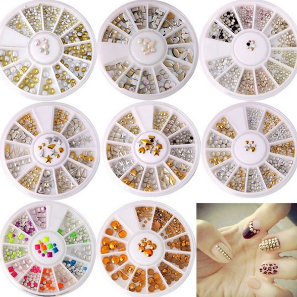 

mixed color rose gold rivet nail studs 3d nail art decoration circle star round square accessories in wheel for diy art, Silver;gold