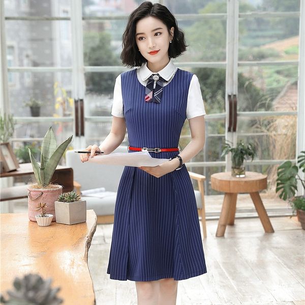 

formal uniform styles women business blazers suits with dresses and blouse for ladies business work wear with bow tie and belt, White;black