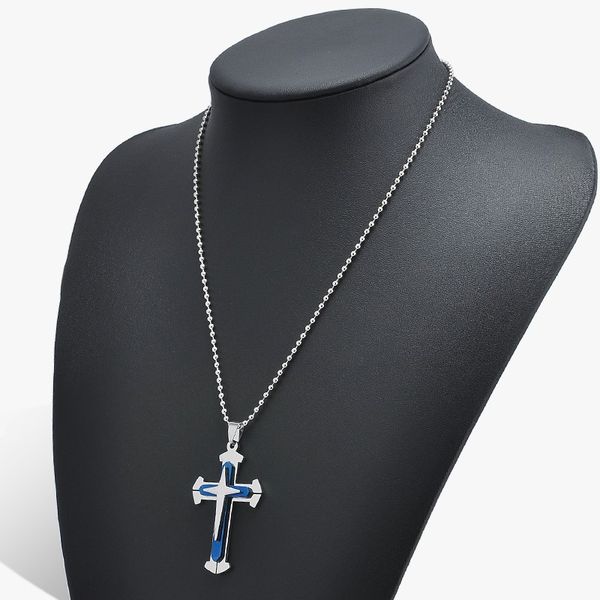 

blue silver stainless steel cross pendant necklace for men accessories wholesale