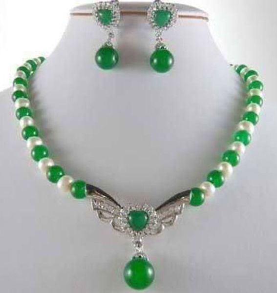 

7-8mm natural white akoya pearl&green jade necklace earrings set 18", Black