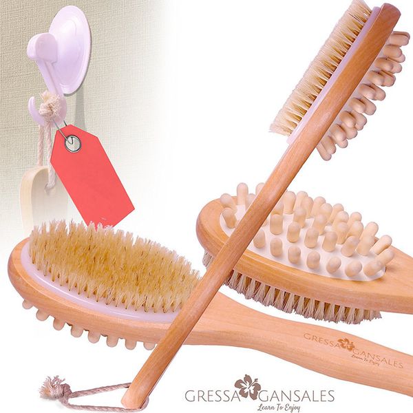 Quente 2-em-1 lados Cerdas Naturais Spa Chuveiro Banheira Banheira Corpo Massagem Escovas De Madeira Long Handle Scrubber