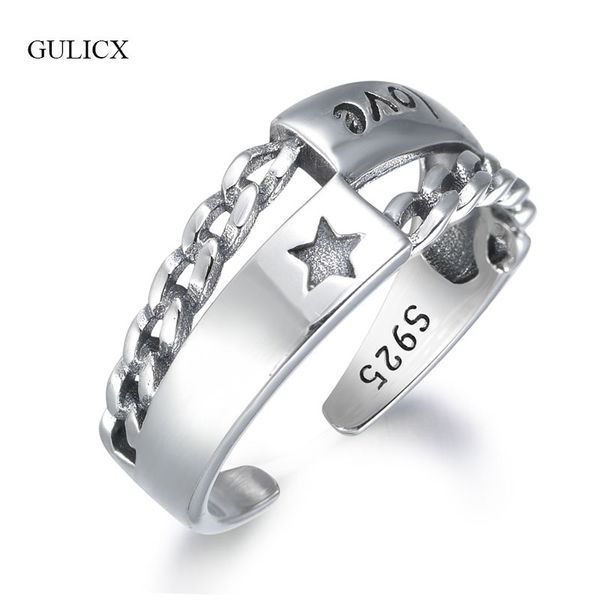 

gulicx 925 sterling silver rings for women personality link chain shaped open rings carved star &"love" female jewelry glrt0265, Slivery;golden