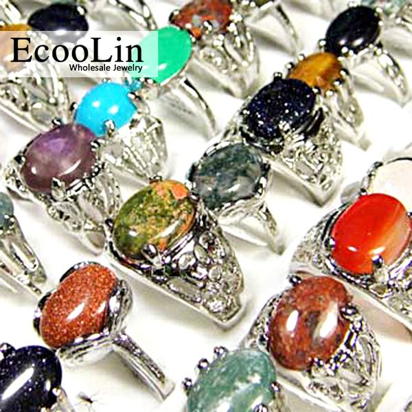 

15pcs natural stone women rings mixed style retro jewelry wholesale ring lots lr020, Golden;silver