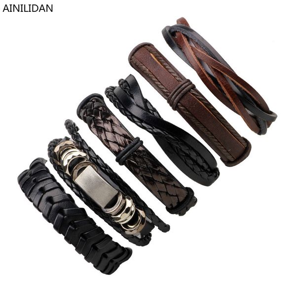 

ainilidan fashion 6-piece combo genuine leather bracelets wristband handmade diy weave wax rope bracelet bangles for men, Golden;silver