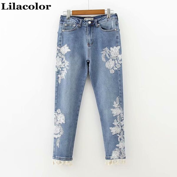 

skinny slim mid waist female jeans trousers girl denim jeans white flower embroidery tassel women pencil pants blue