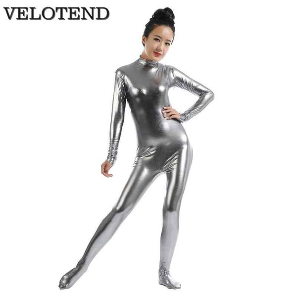 

velotend womens metallic turtleneck long sleeve unitard one piece wet look footed mock neck shiny dance catsuit zip back, Black