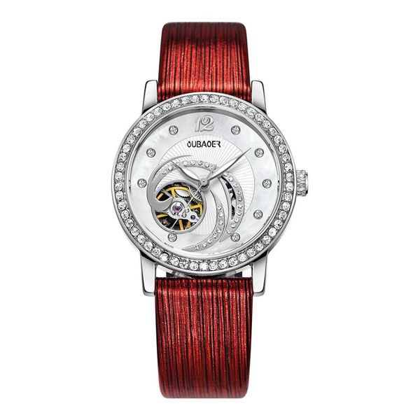 

woman automatic mechanical watch luxury watch watches 5 colors dial hollow swiss ladies rhinestone leather strap sports watch, Slivery;brown