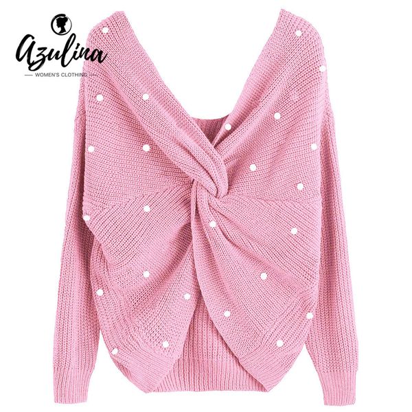 

azulina sweaters women new 4 colors v neck twisted back sweater jumpers long sleeve cotton knitted sweaters pullover pull femme s18100902, White;black