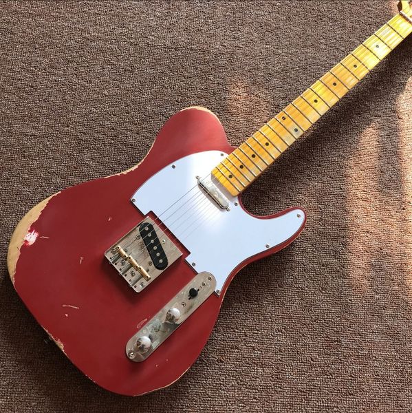 

Cu tom hop tele 6 tring maple fingerboard red electric guitar teleca ter guitaar relic by hand guitarra real photo guita