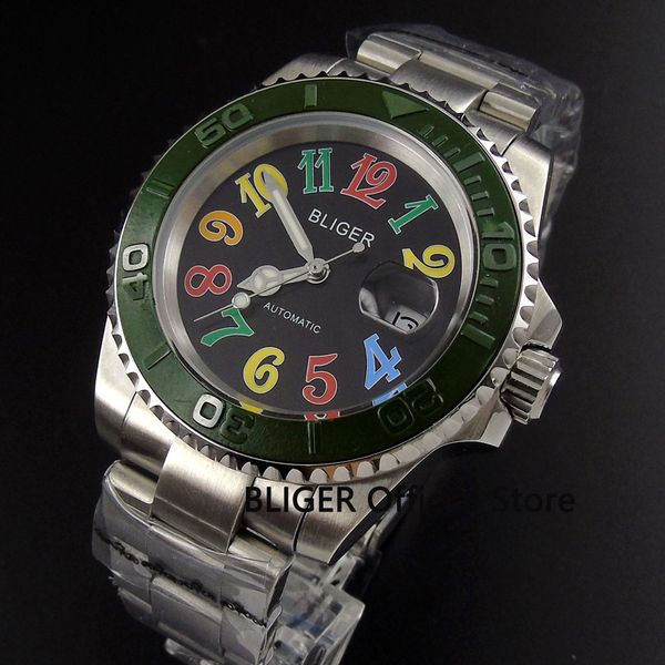

classic bliger 40mm black dial green ceramic rotating bezel luminous hands sapphire glass miyota automatic movement men's watch, Slivery;brown