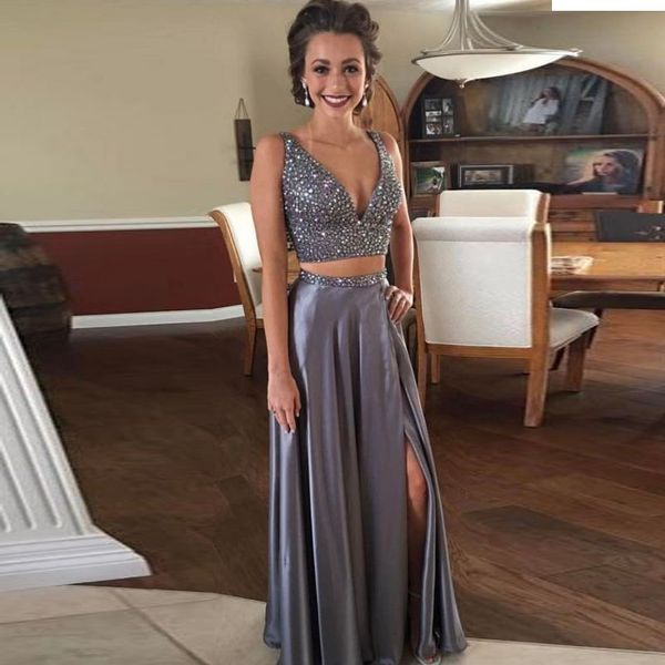 

new a line two piece prom dress beaded silver graduation dress slit prom party gown, Black