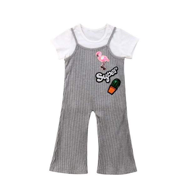 

newborn toddler kids baby girls 2018 summer casual o-neck flamingo cartoon t-shirt+bell bottoms pants clothes outfit, White