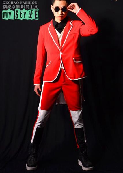 

han edition individuality dance suit men's fashion new host salon bar singer stage costumes red stitching suits the m - 2 xl, Black;red