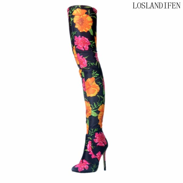 

new countryside style handcrafted high heel knee boots flower leather pointed toe fashion party prom long booties shoes a068, Black