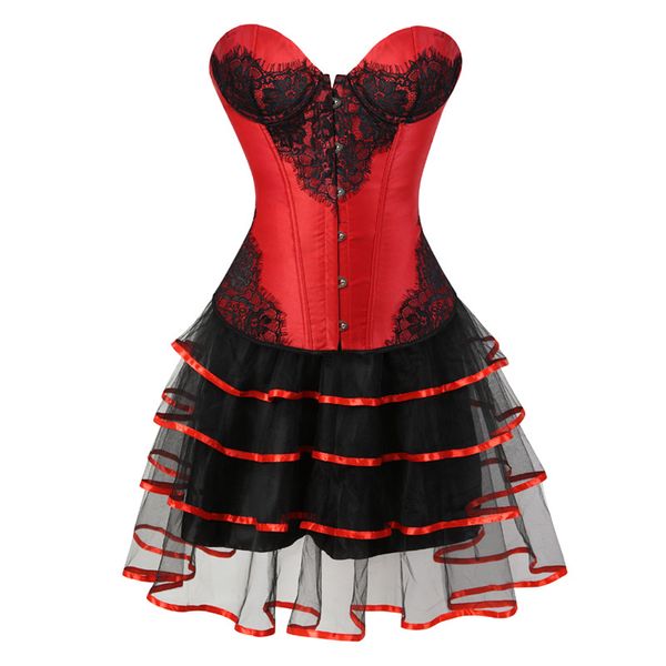 

sapubonva overbust corset dress victorian lace flower lingerie bustier corset skirt tutu set vintage costume corselet red, Black;white