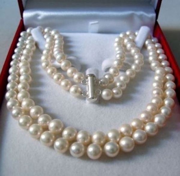 

genuine 2rows 8-9mm natural white akoya cultured pearl hand knotted necklace, Silver