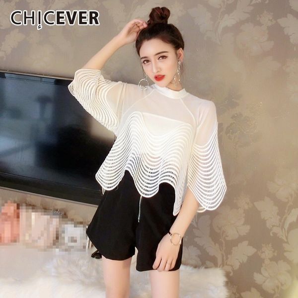 

chicever mesh white blouse women's shirts female o neck flare sleeve irregular hem perspective blouses korean fashion 2018