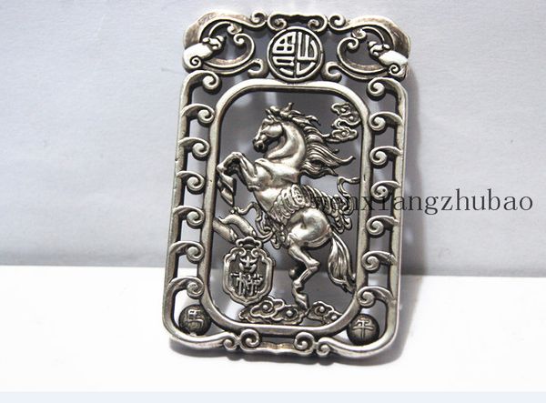 

vintage white bronze double-sided horse (long blessing). rectangular auspicious necklace pendant., Silver